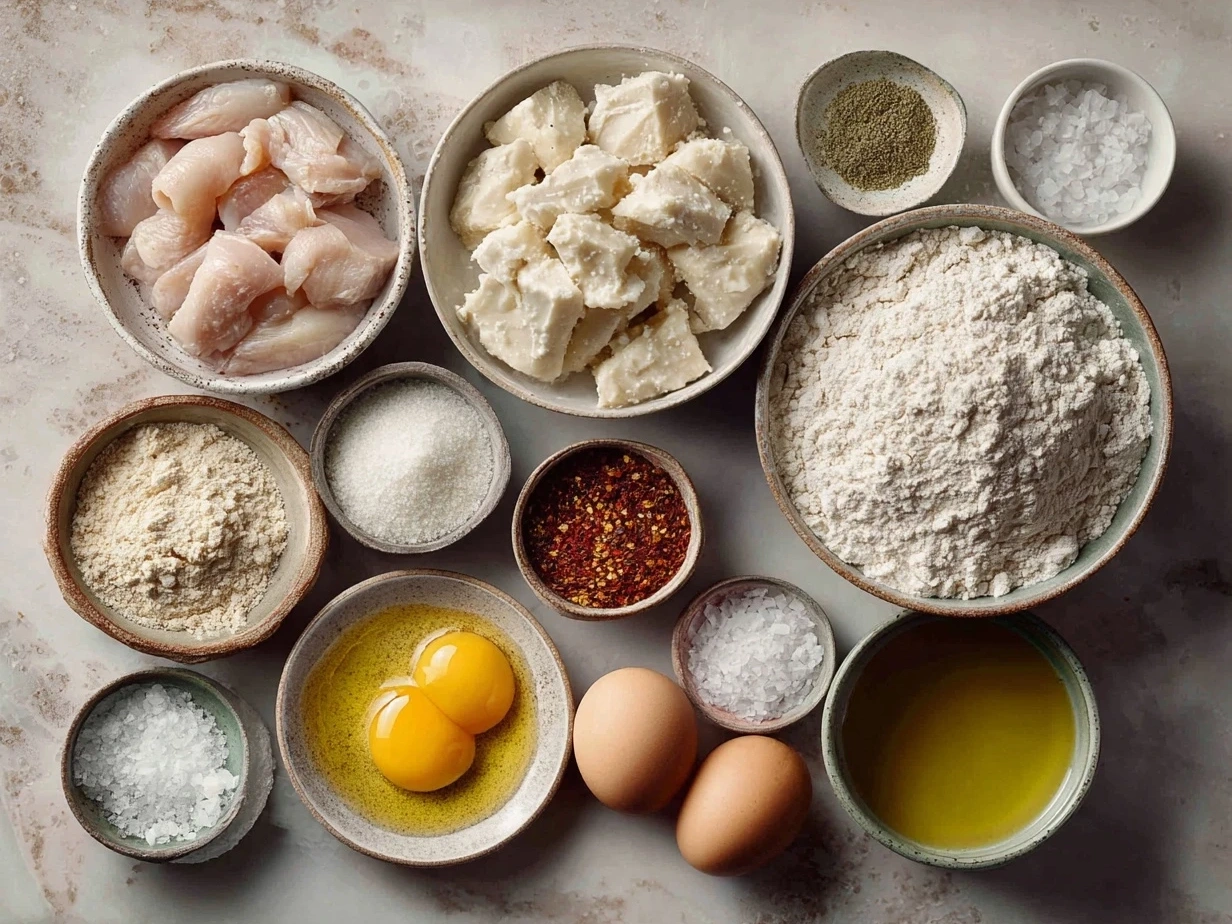 Ingredients for homemade chicken and dumplings: shredded chicken, carrots, celery, onions, flour, milk, chicken broth, butter and seasonings