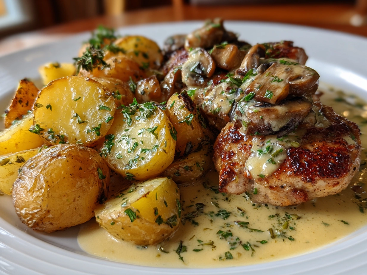 Finished Chicken and Potatoes Dijon Sauce dish garnished with fresh parsley and golden roasted potatoes