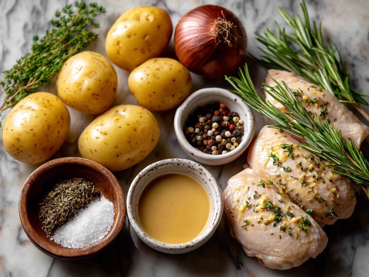 Ingredients for Chicken and Potatoes Dijon Sauce recipe including chicken thighs, baby potatoes, Dijon mustard, cream, and herbs