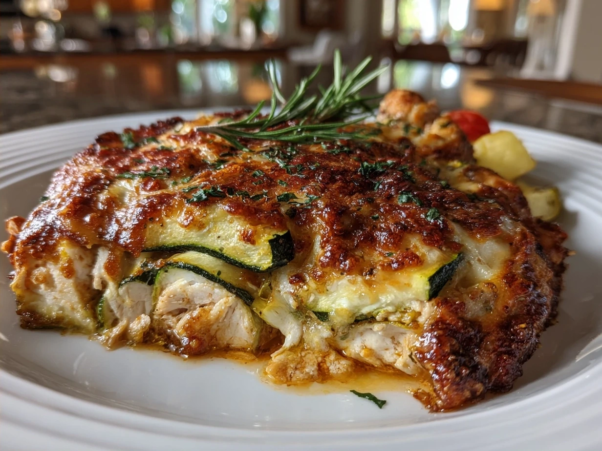 Final plated chicken and zucchini bake garnished with fresh herbs