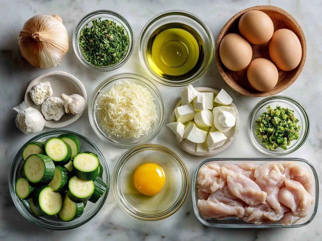 Ingredients laid out for chicken and zucchini bake including chicken breasts, zucchinis, onions, garlic, cheese, tomatoes, and spices
