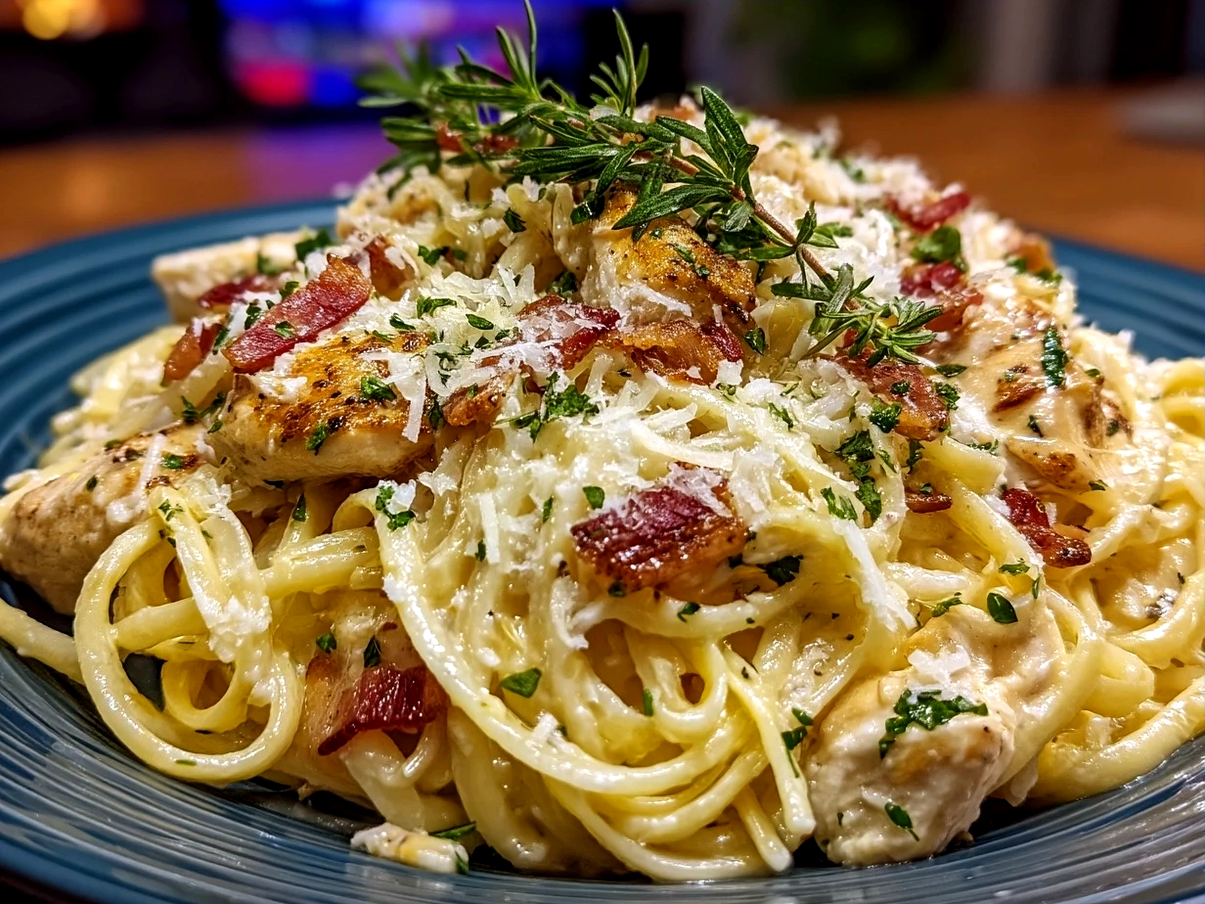 Deliciously served Chicken Carbonara pasta garnished with fresh parsley