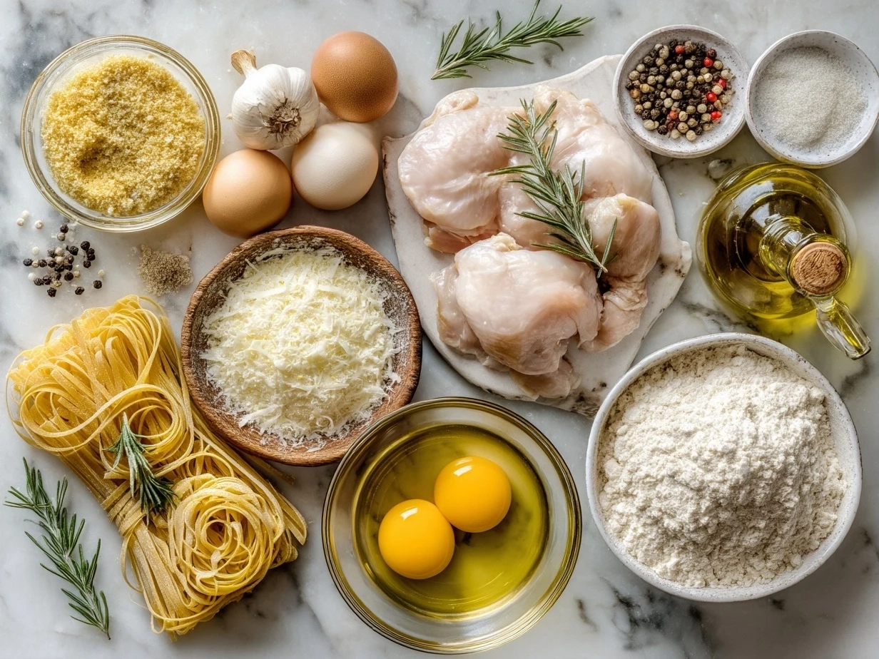 Ingredients laid out for Chicken Carbonara including spaghetti, chicken breasts, bacon, eggs, Parmesan cheese, garlic, and parsley
