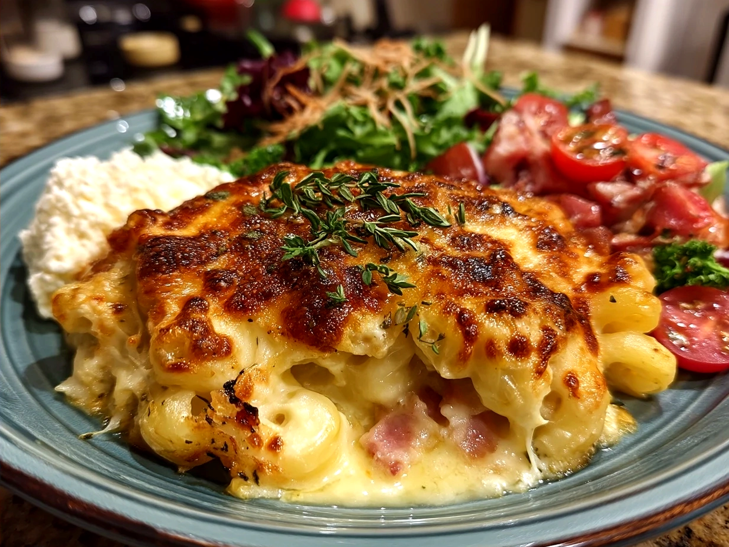 Baked Chicken Cordon Bleu Casserole golden brown and served with fresh salad