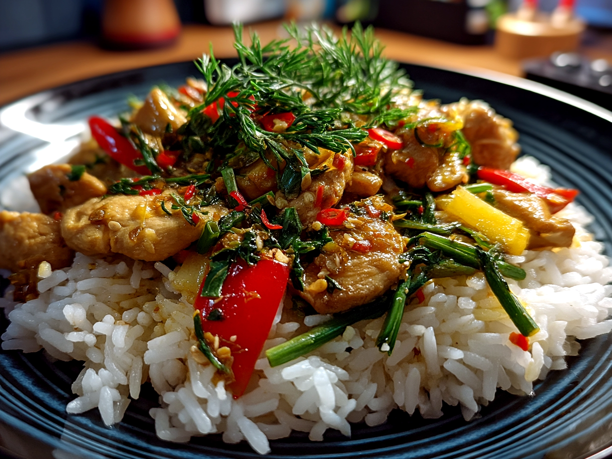 Served Chicken Ginger Rice garnished with green onions and sesame seeds.