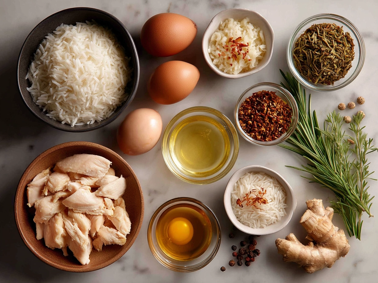 Ingredients for Chicken Ginger Rice including jasmine rice, chicken thighs, ginger, garlic, soy sauce, and chicken broth