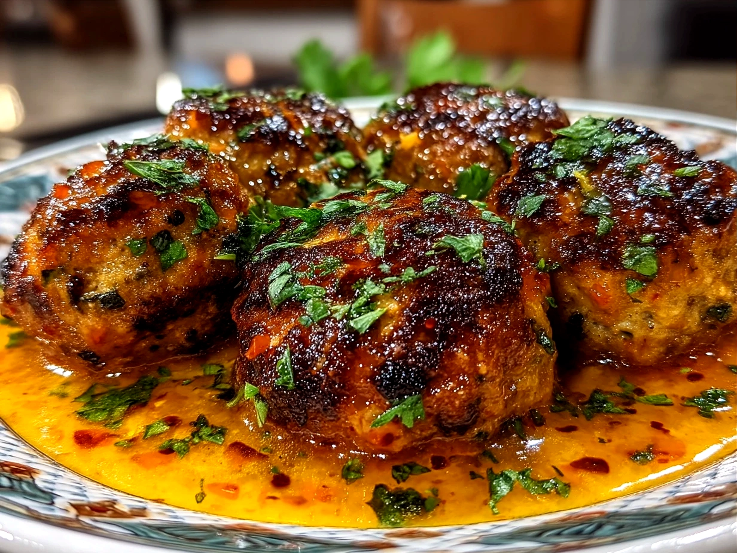 Served chicken kofta meatballs with pita bread and fresh salad