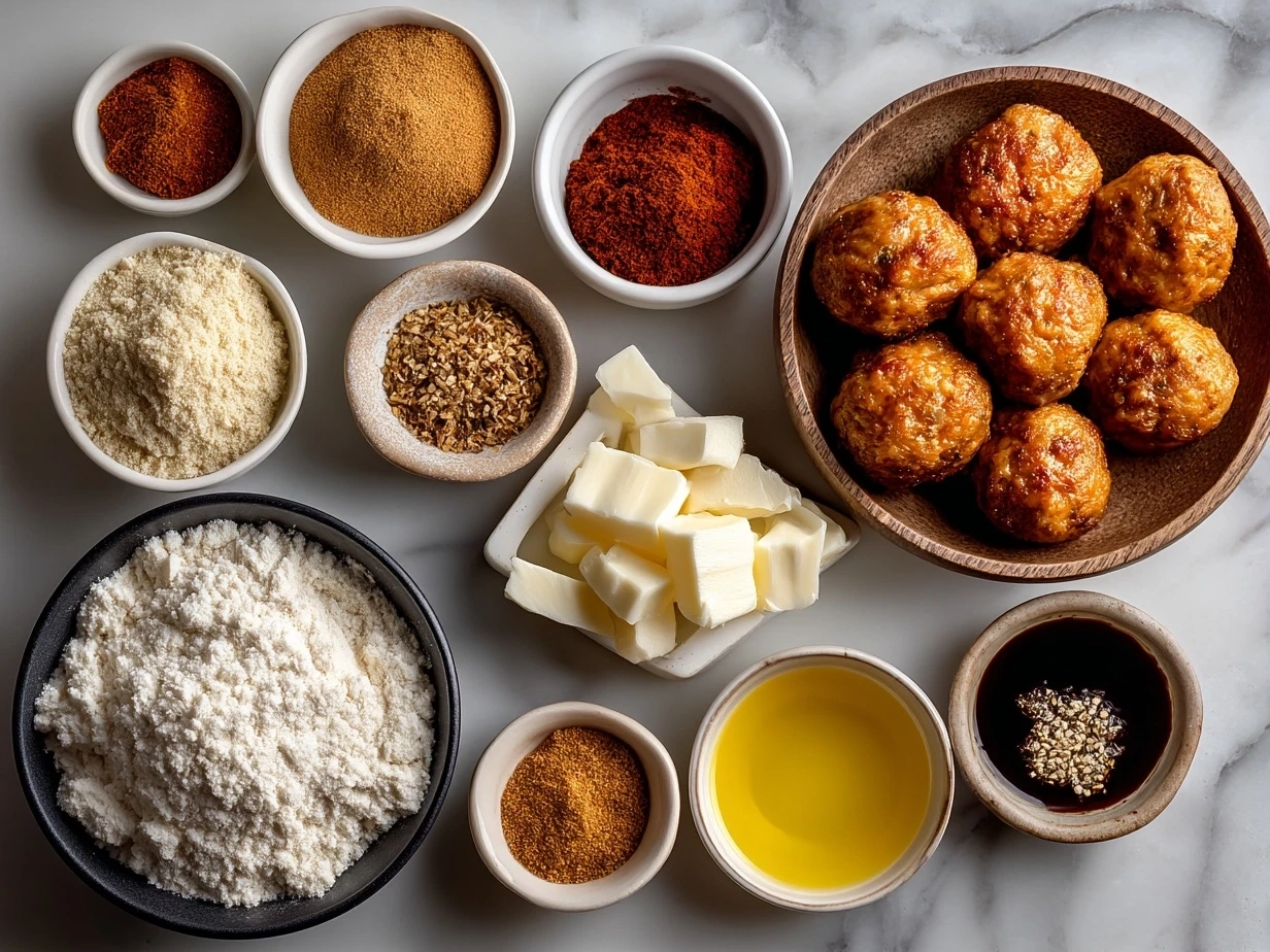 Ingredients for chicken kofta meatballs laid out on a kitchen counter