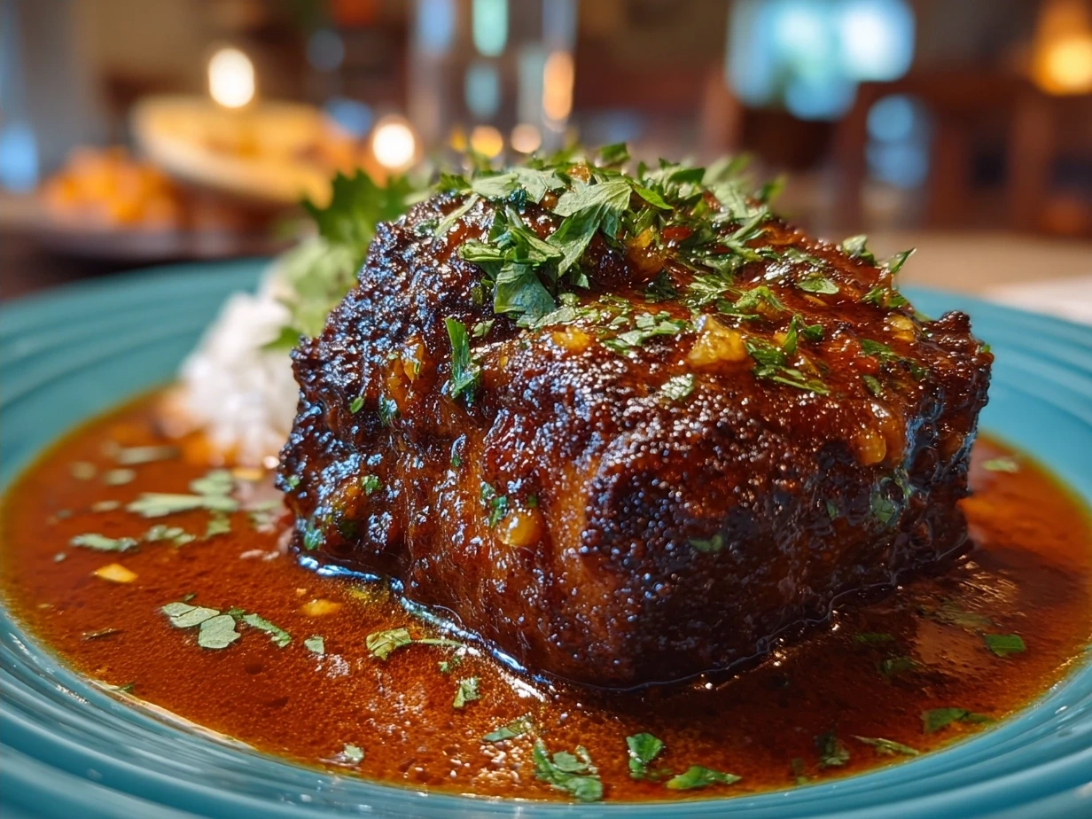 Serving plate of chicken mole with sesame seeds and fresh cilantro garnish