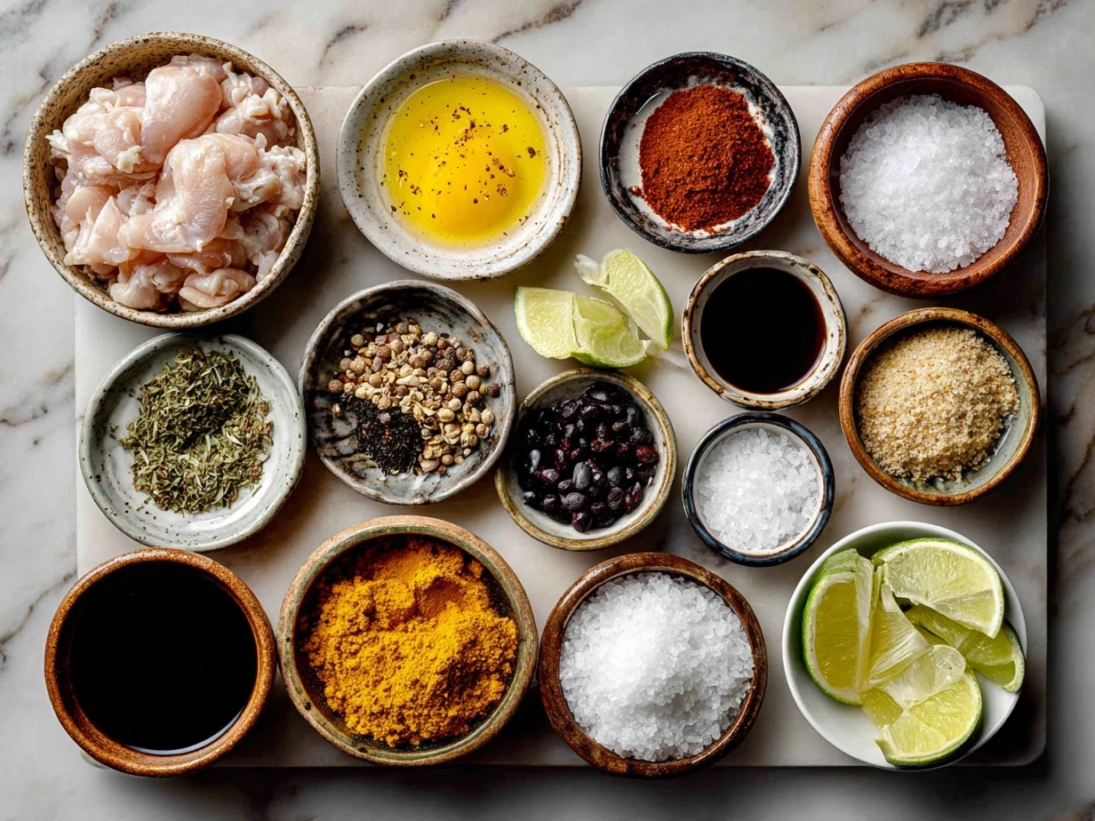 Ingredients laid out for chicken mole including dried chiles, nuts, garlic, and chicken parts