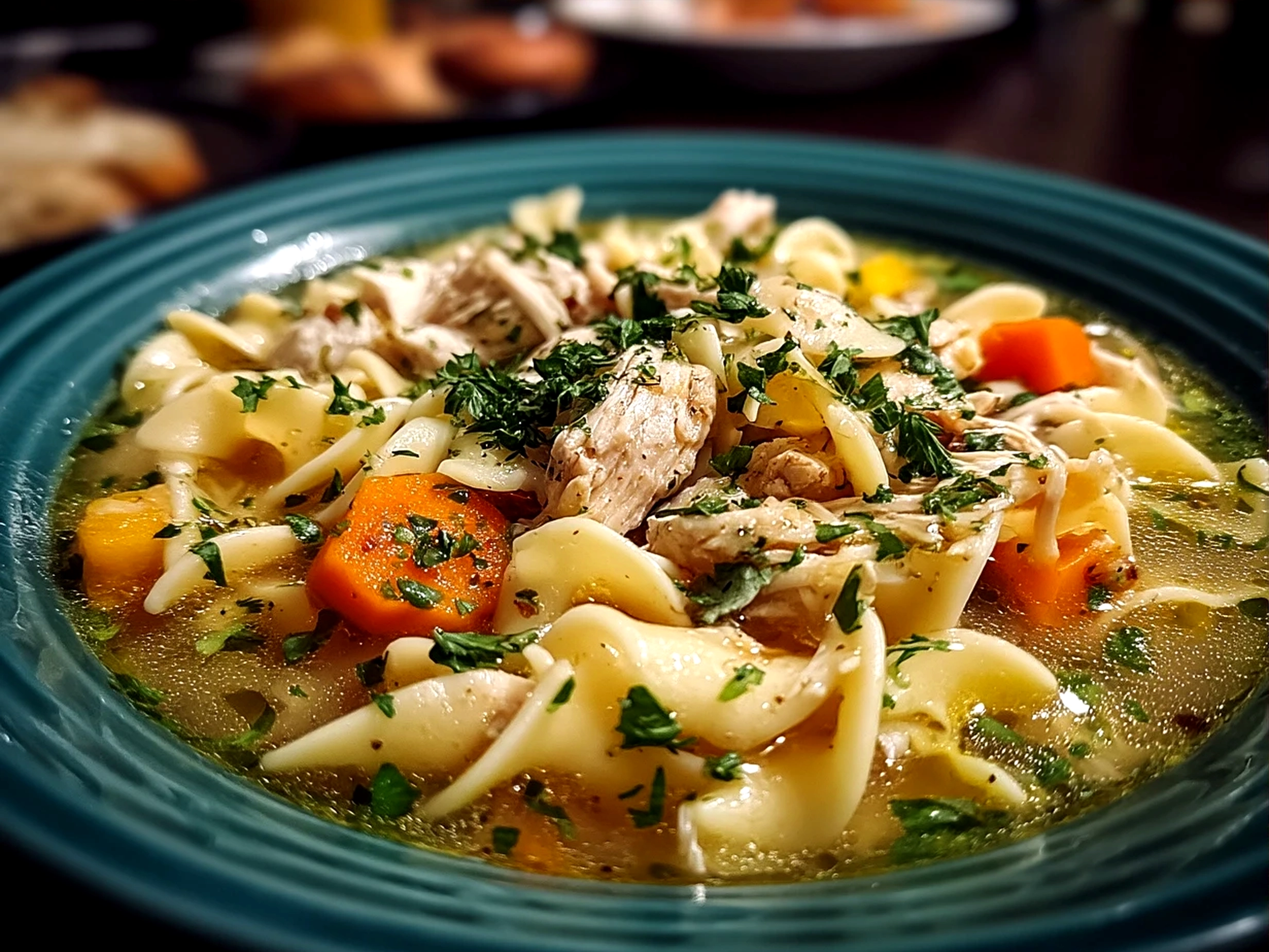 A bowl of homemade chicken noodle soup garnished with fresh parsley and served with crusty bread