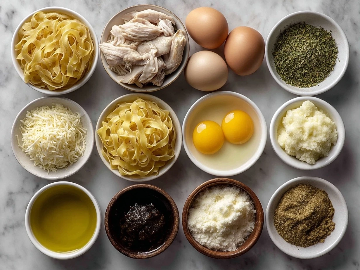 Ingredients for homemade chicken noodle soup laid out on a table