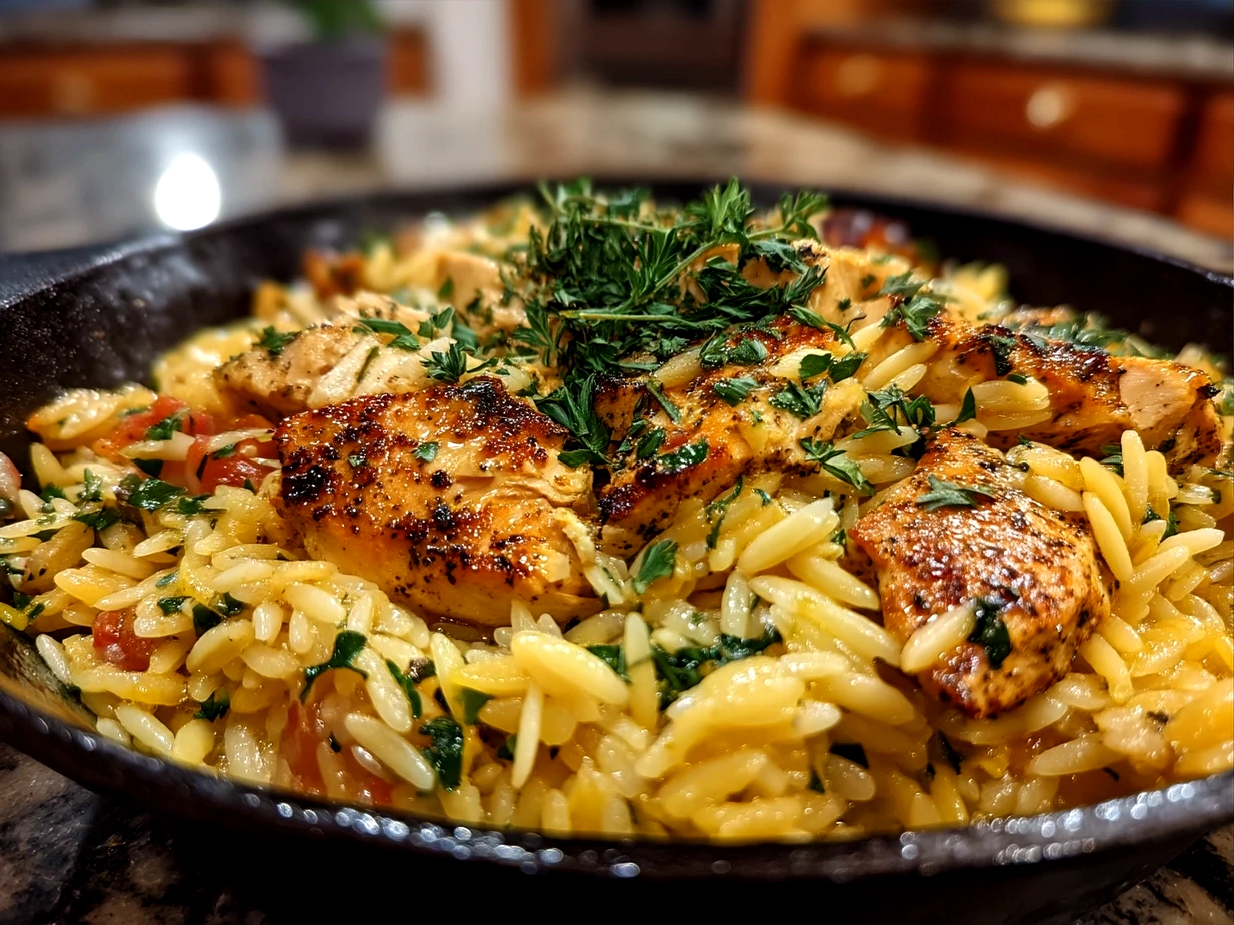 Served Chicken Orzo Skillet with garnishes