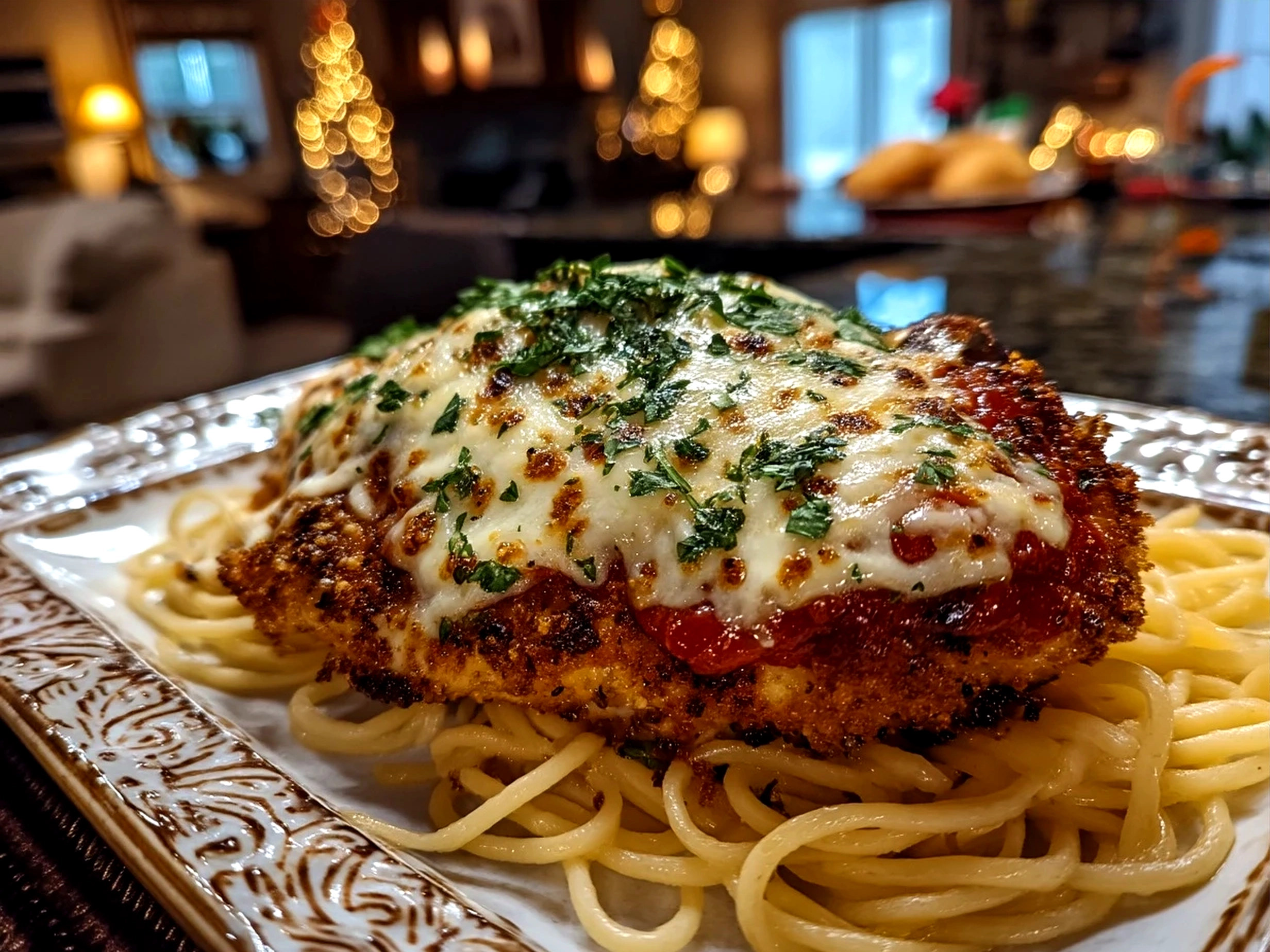 Served chicken parmesan with melted cheese, marinara sauce, and fresh basil garnish