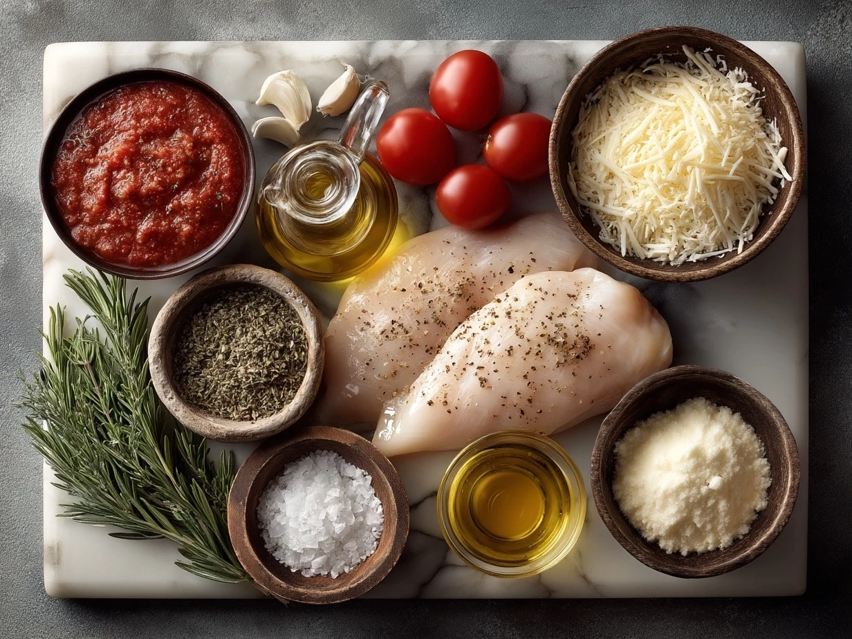Ingredients for chicken parmesan including chicken breasts, flour, eggs, breadcrumbs, parmesan and mozzarella cheeses, marinara sauce, olive oil, and fresh basil
