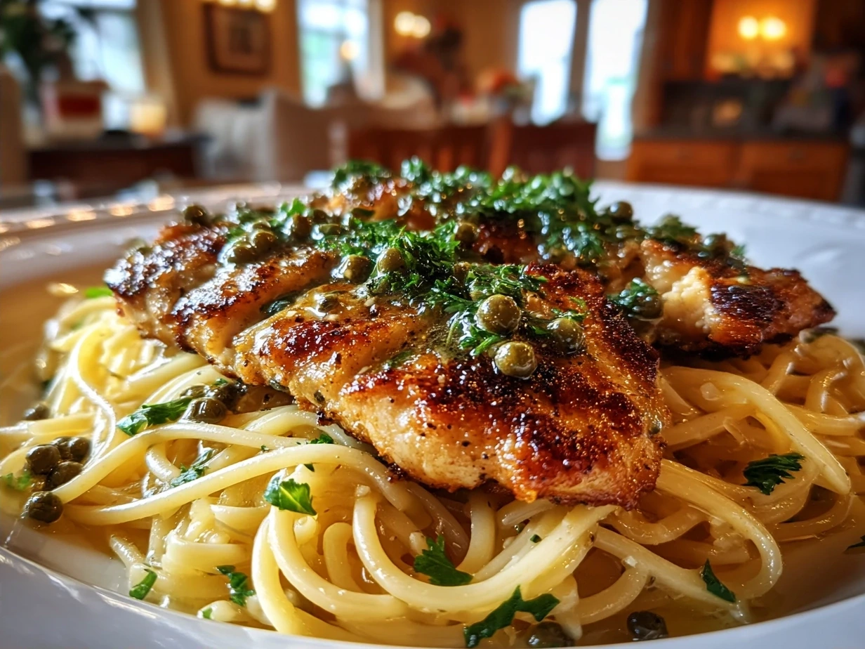 Finished Chicken Piccata Pasta served in a bowl garnished with fresh parsley