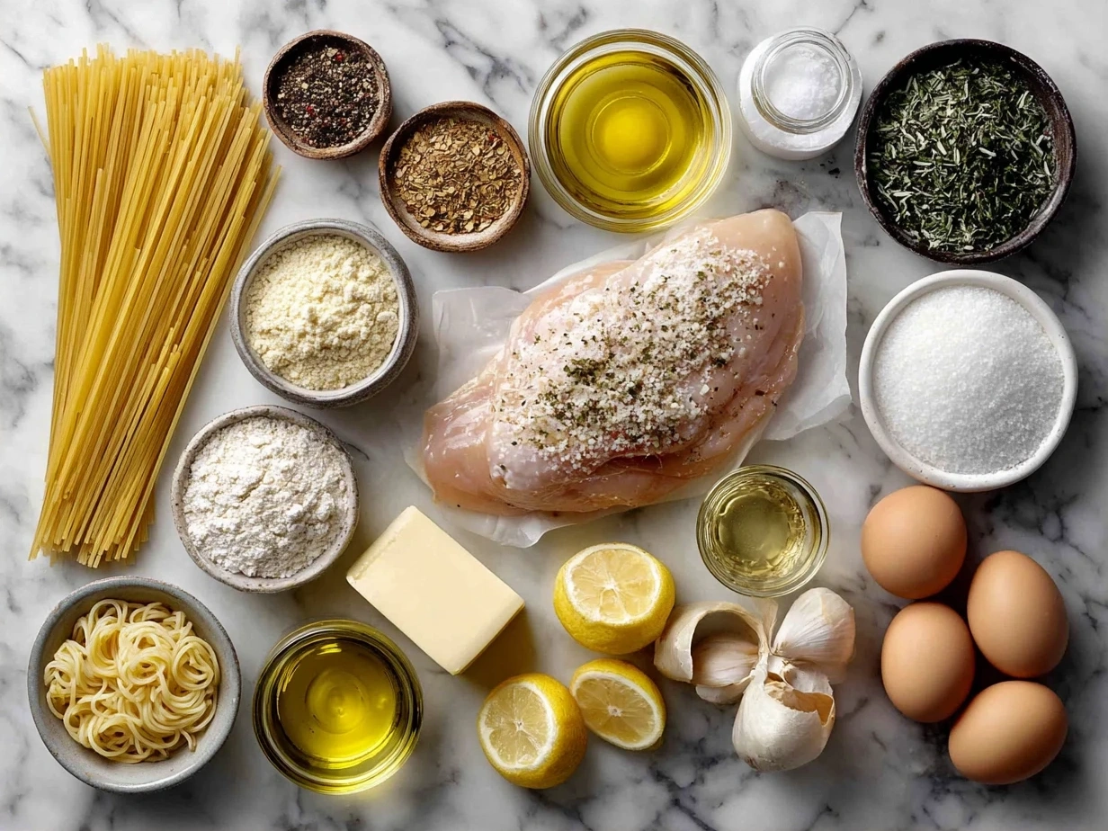 Ingredients for Chicken Piccata Pasta including chicken breasts, pasta, lemons, capers, butter, and olive oil