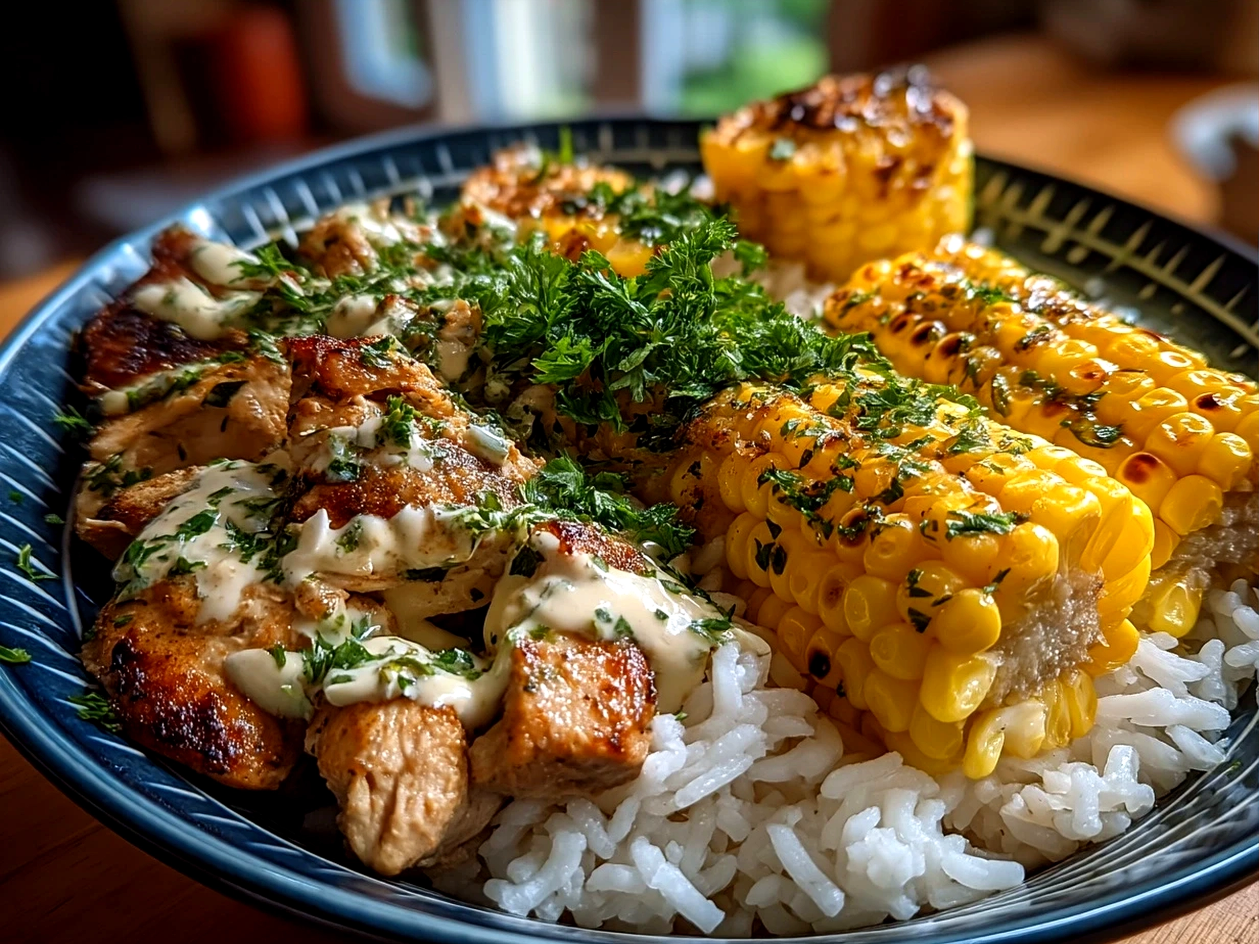 Chicken Rice Bowl with Street Corn served in a ceramic bowl garnished with cilantro and lime wedges
