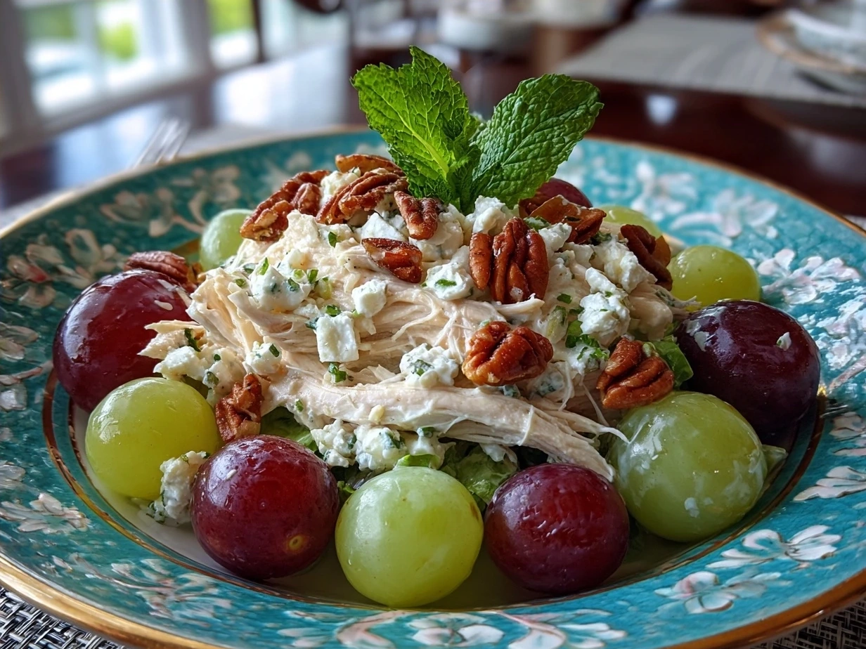 Creamy Chicken Salad Chick Grape Salad served in a bowl with pecans