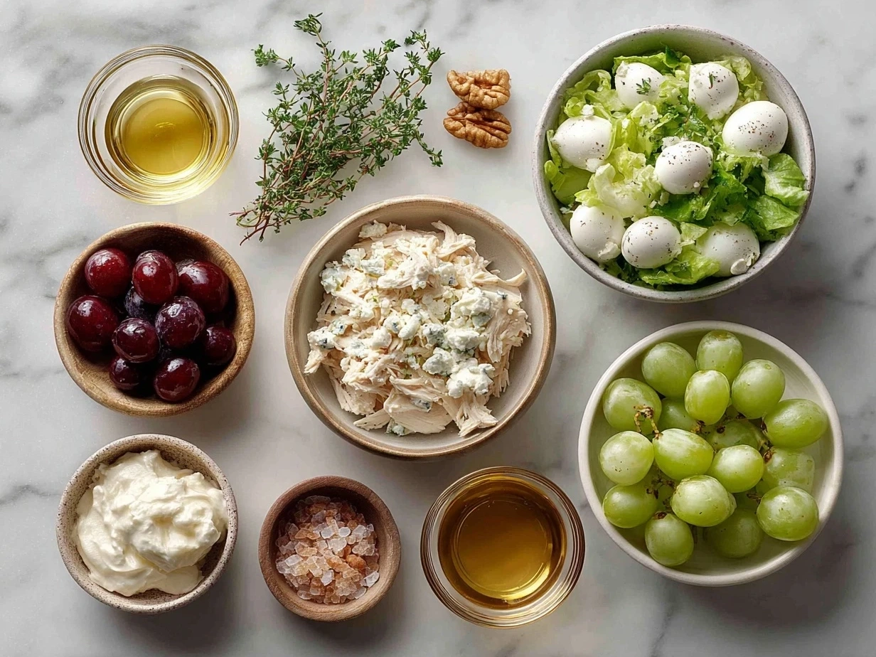 Ingredients for Chicken Salad Chick Grape Salad including grapes, cream cheese, pecans, and sour cream