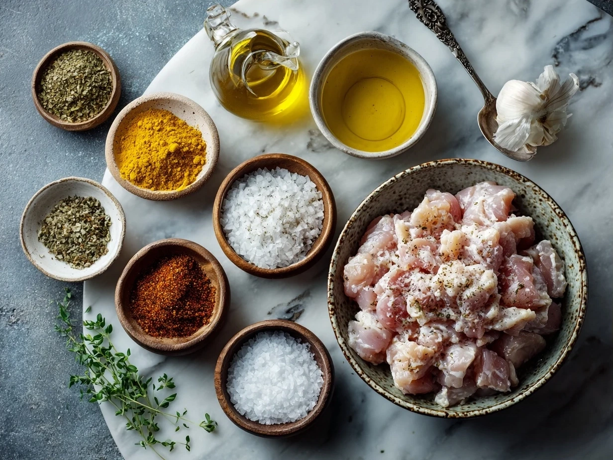 Ingredients for chicken shawarma recipe including spices, chicken thighs, lemon, and garlic