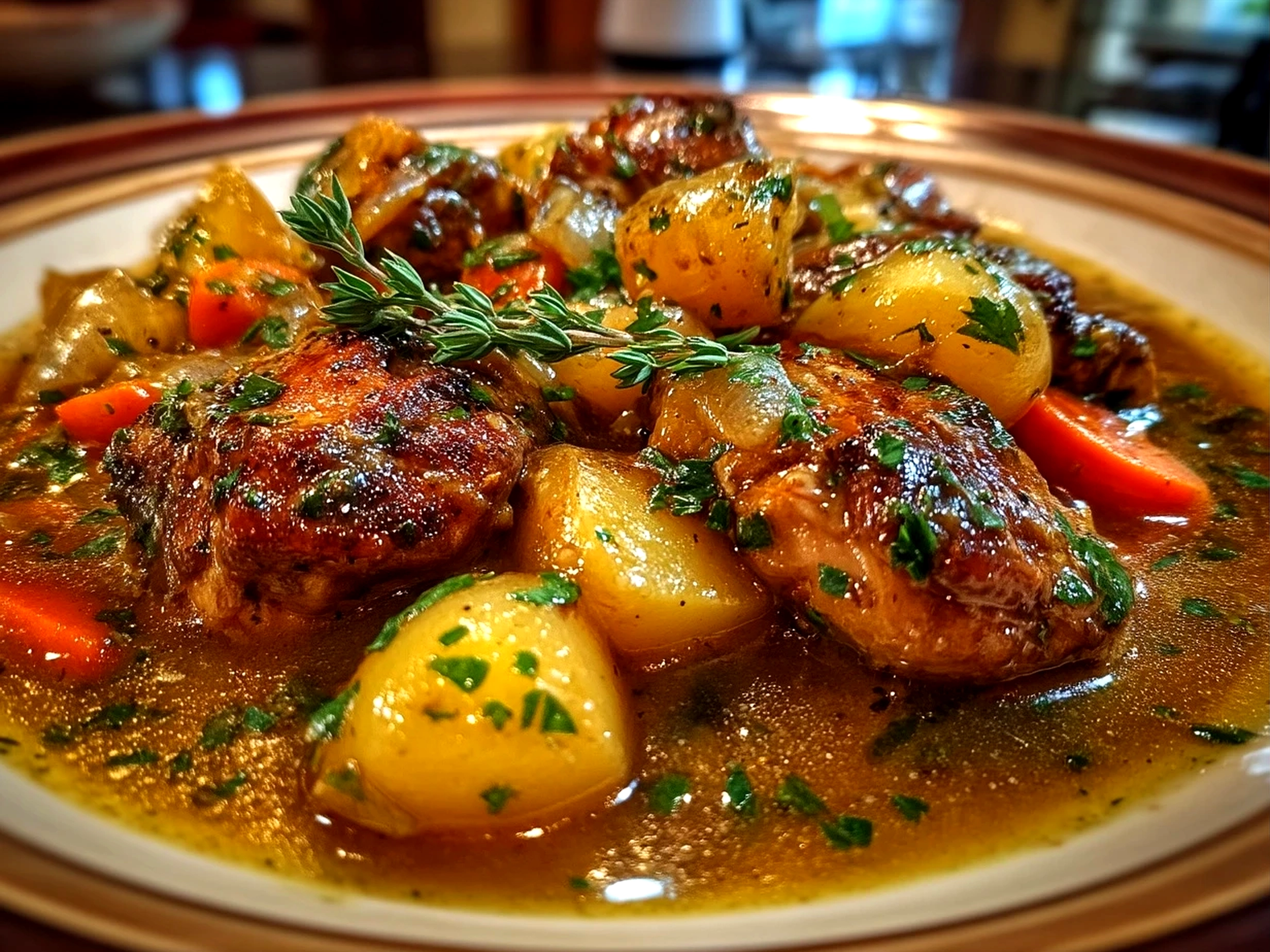 A steaming bowl of chicken stew served with crusty bread and garnished with fresh parsley.