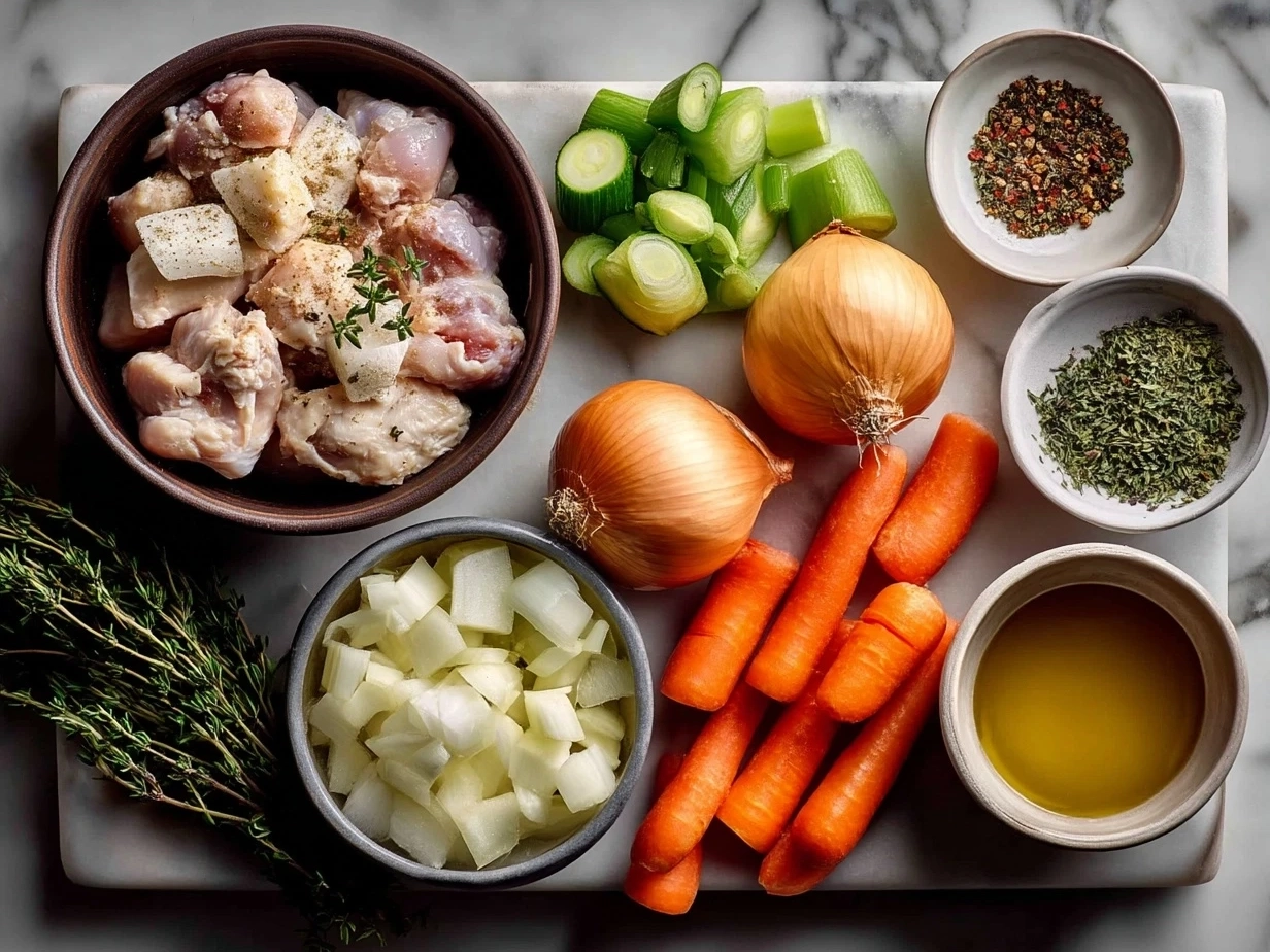 Fresh ingredients for chicken stew laid out on a kitchen counter including chicken thighs, carrots, celery, potatoes, garlic, and herbs.