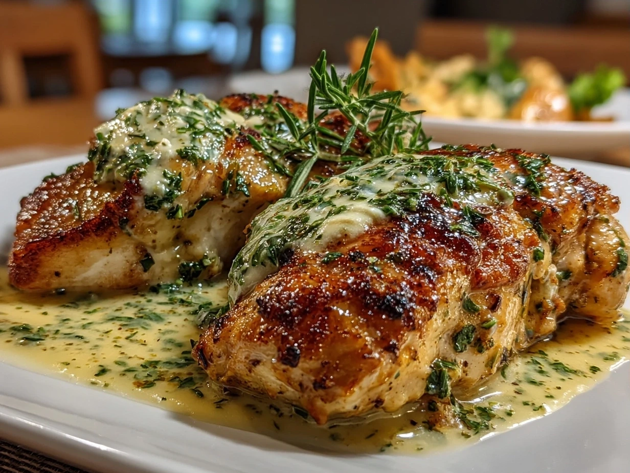 Finished Chicken with Boursin Sauce garnished with parsley.