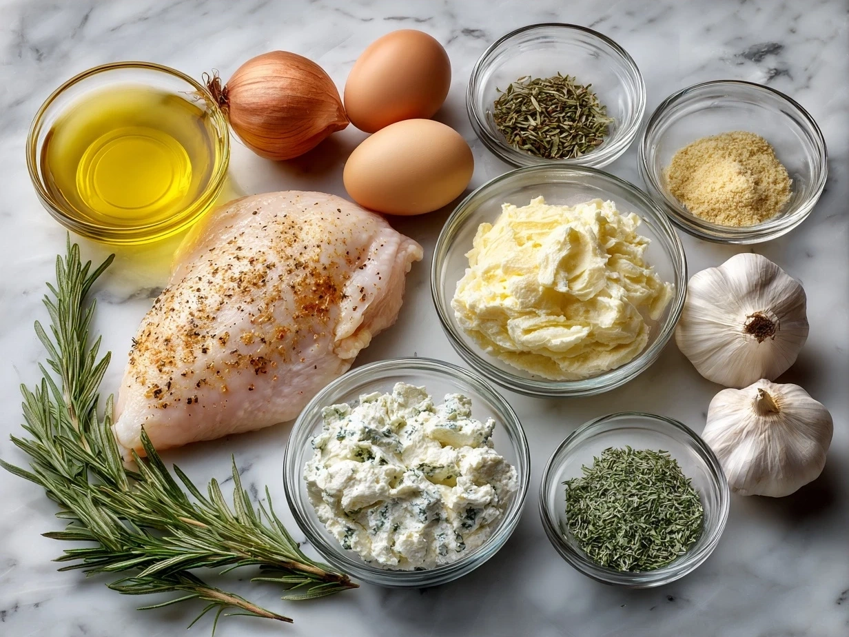 Ingredients for Chicken with Boursin Sauce: chicken breasts, Boursin cheese, olive oil, chicken broth, heavy cream, garlic, salt, pepper, and parsley.