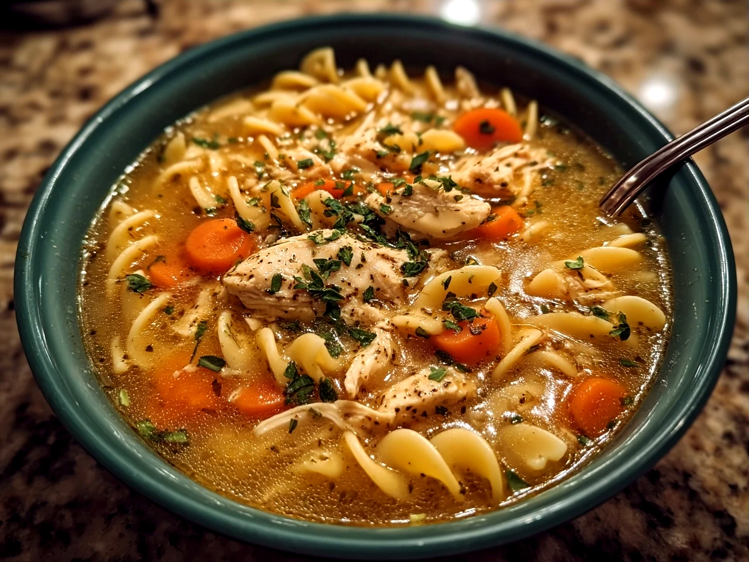 Serving of Chick Fil A Chicken Noodle Soup with fresh parsley garnish