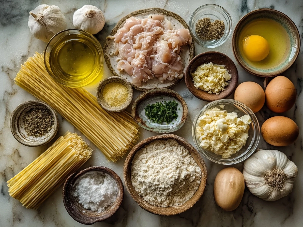 Ingredients for Chick Fil A Chicken Noodle Soup displayed on kitchen counter