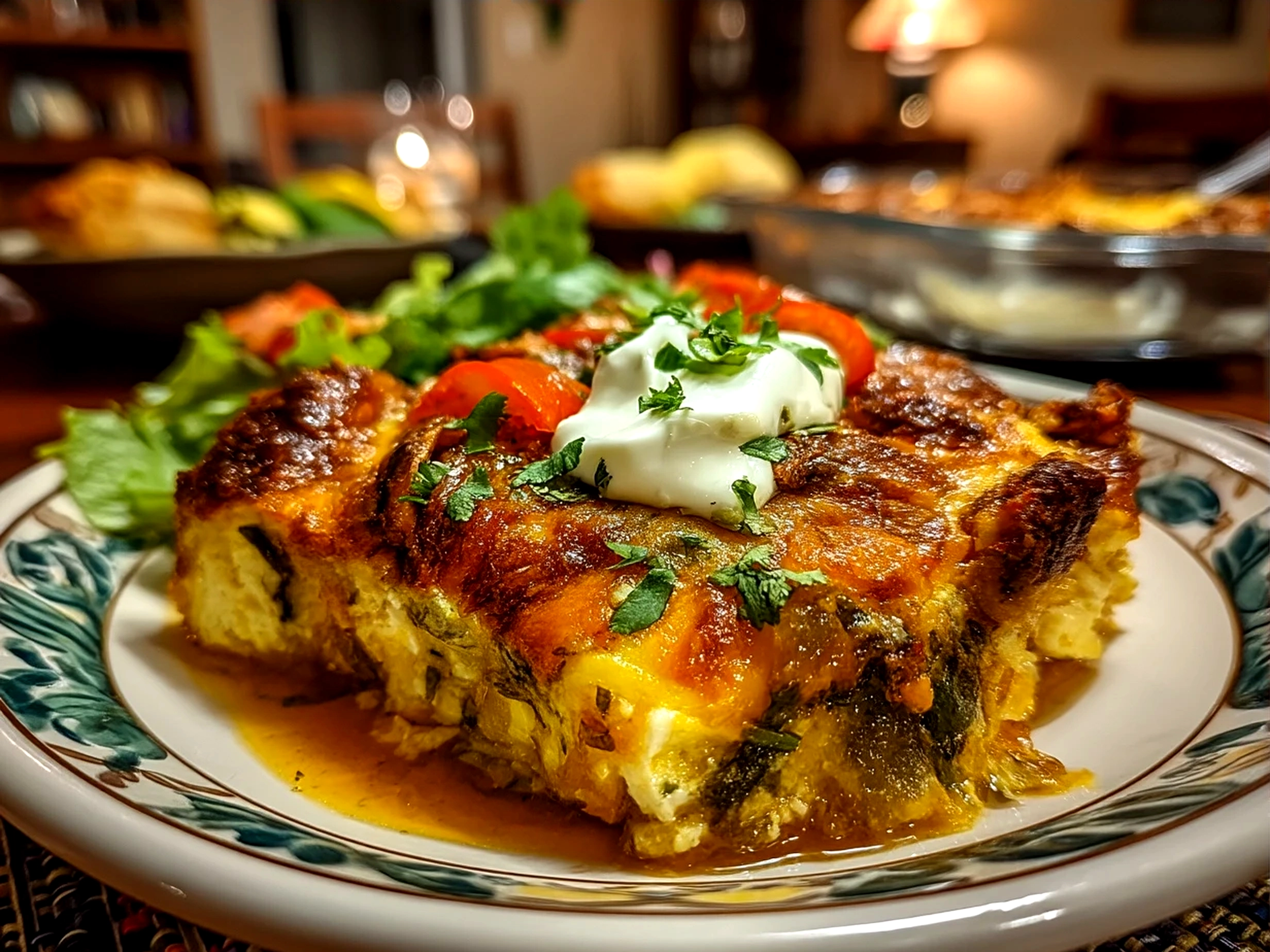 Cheesy Chile Relleno Casserole served on a rustic plate with fresh cilantro garnish