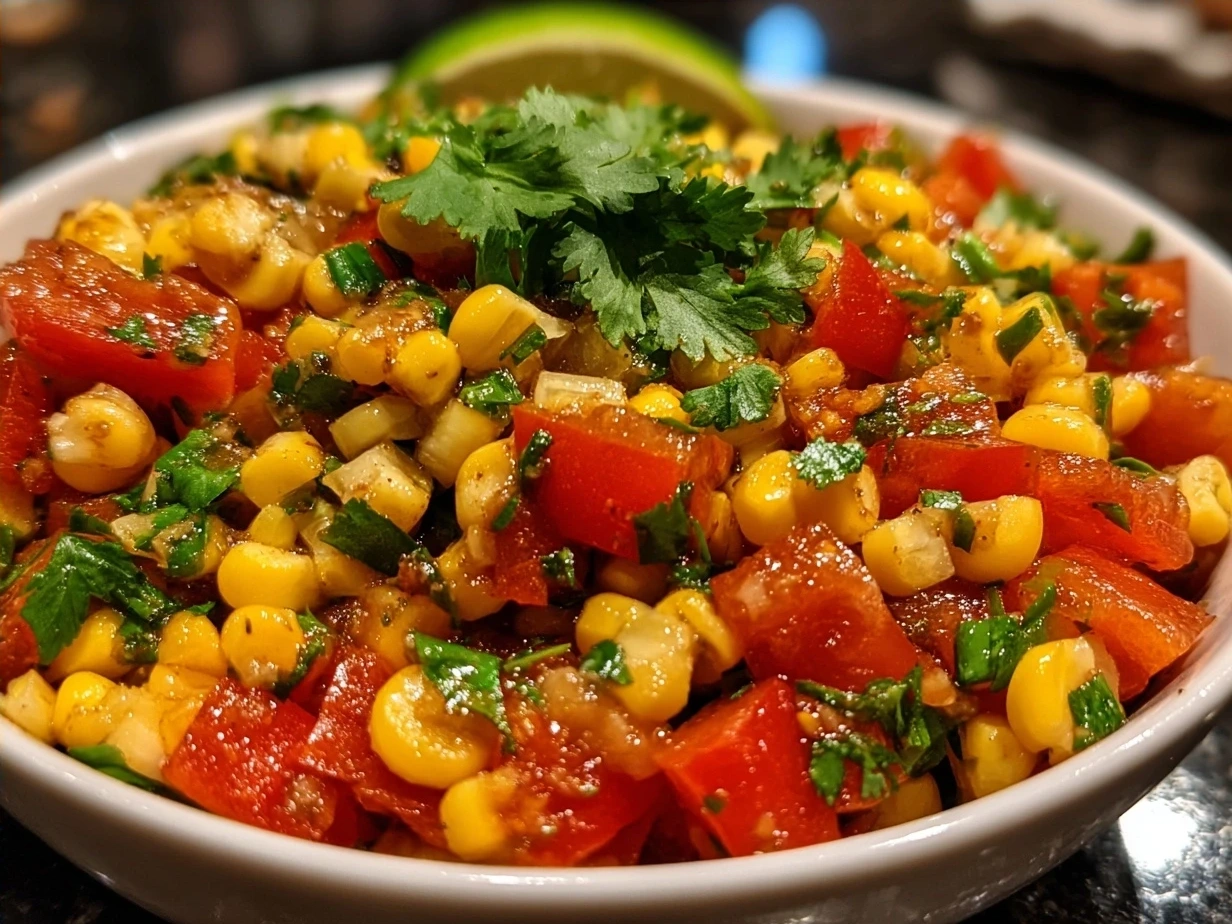 A bowl of freshly made chipotle corn salsa served with chips and garnished with cilantro