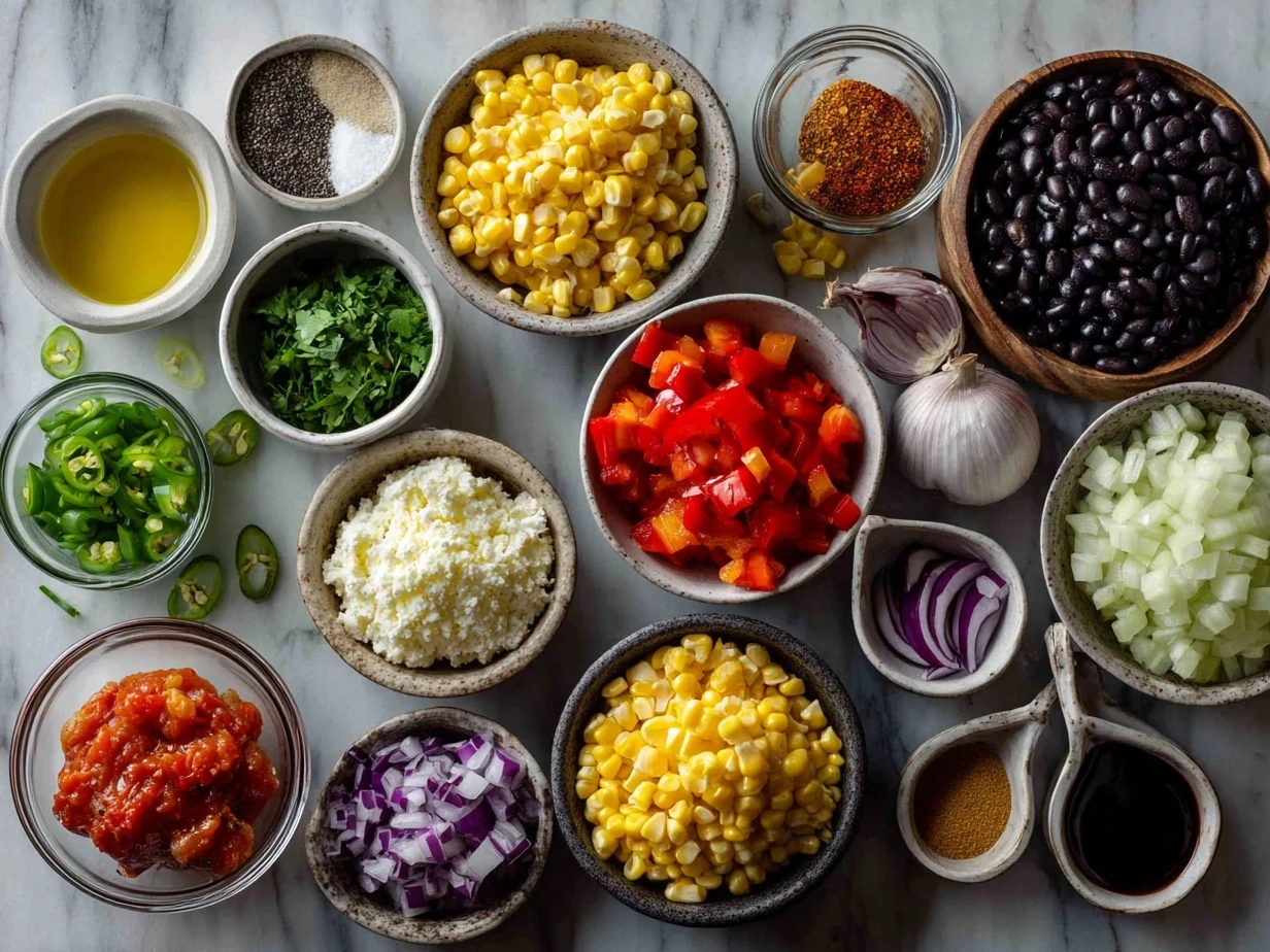 Ingredients for chipotle corn salsa: corn, chipotle peppers, red bell pepper, red onion, jalapeño, cilantro, lime juice, olive oil, cumin, salt, and pepper