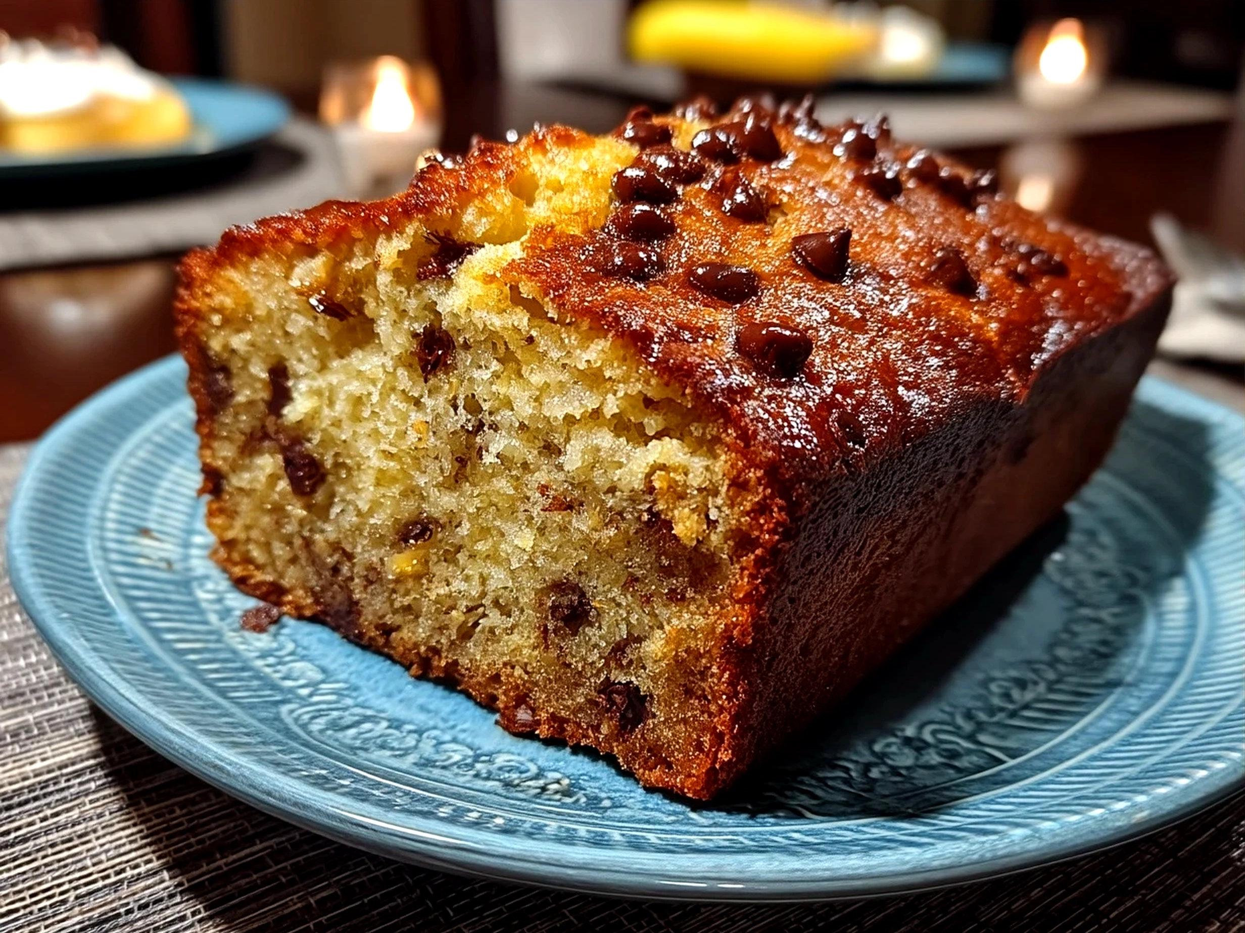 Slice of moist Chocolate Chip Banana Bread served on a plate