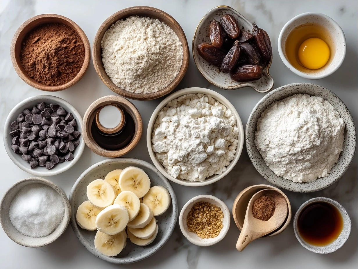 Ingredients laid out for Chocolate Chip Banana Bread including bananas, chocolate chips, brown sugar, flour, butter
