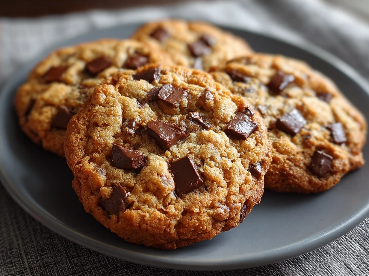 Freshly baked chocolate chip cookies served on a plate