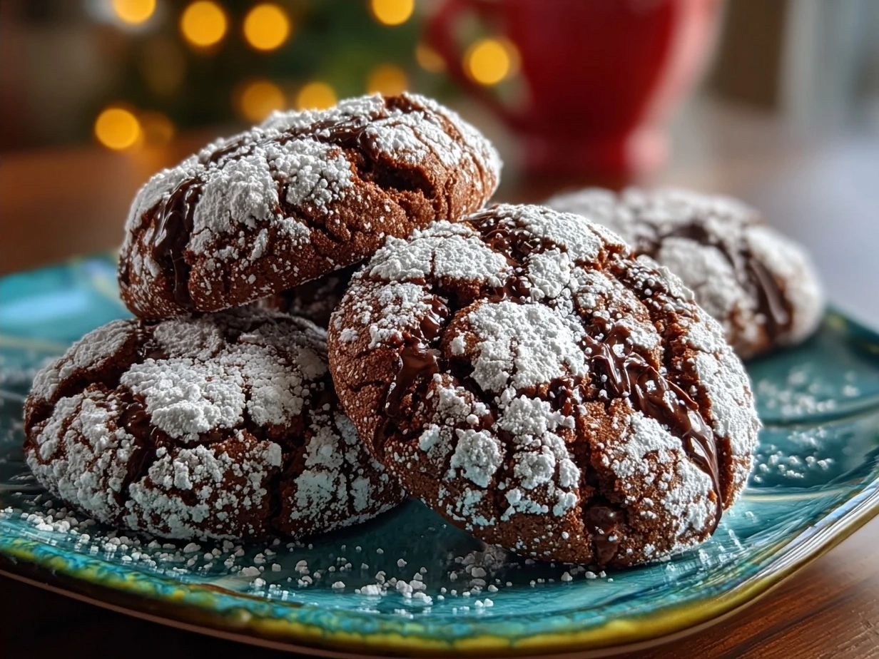 A plate of freshly baked Chocolate Mint Crinkles cookies, showing rich chocolate and snowy powdered sugar coating