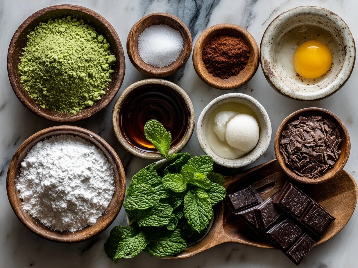 Ingredients laid out for making Chocolate Mint Crinkles including flour, cocoa powder, eggs, butter, and peppermint extract