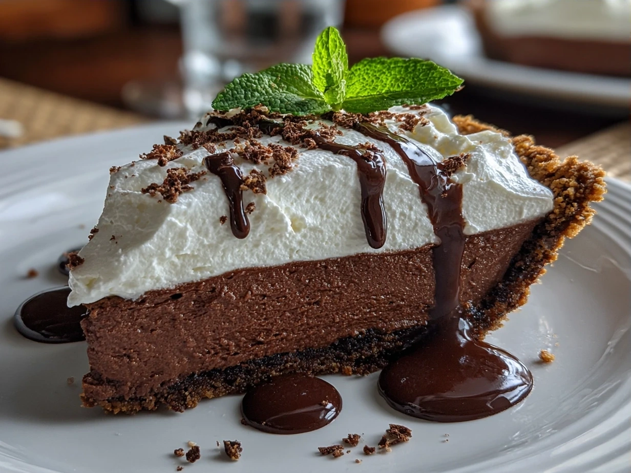 Slice of creamy Chocolate Mint Pie served on a plate