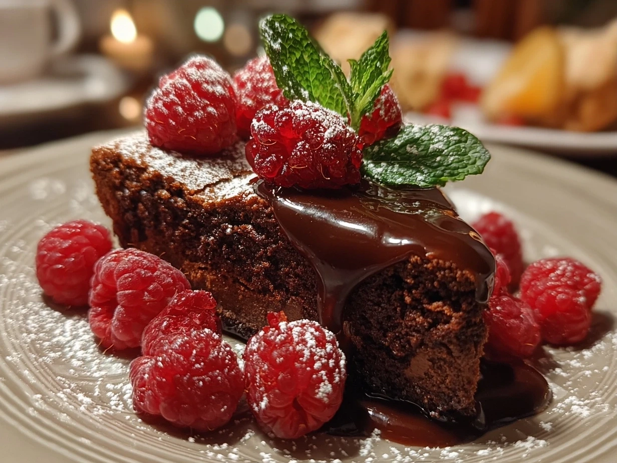 Finished Chocolate Raspberry Cake decorated with fresh raspberries and drizzle