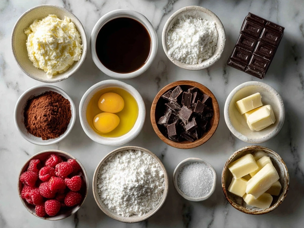 Ingredients for Chocolate Raspberry Cake laid out on a table