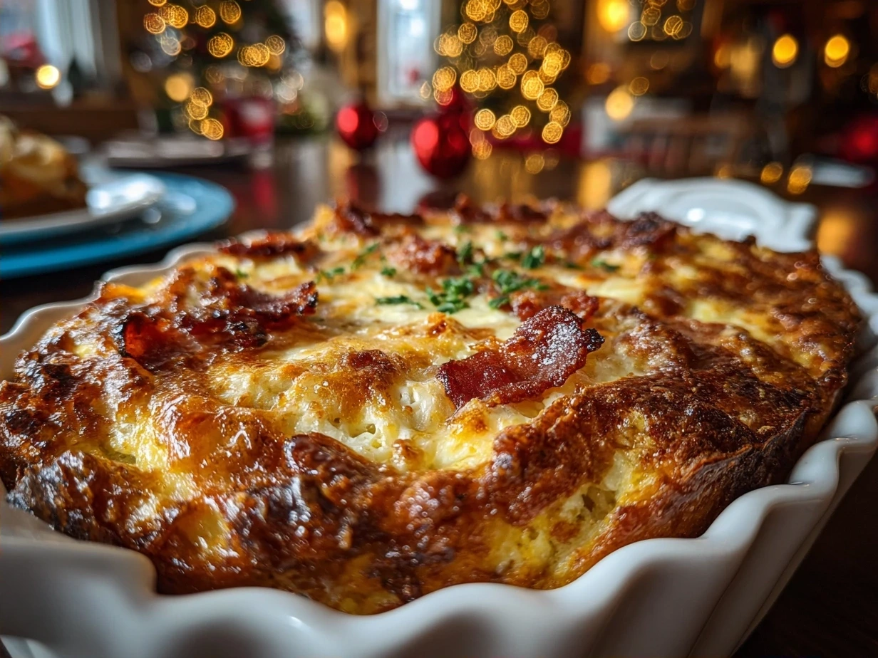 Finished Christmas Breakfast Casserole, golden and steaming, ready to serve and share