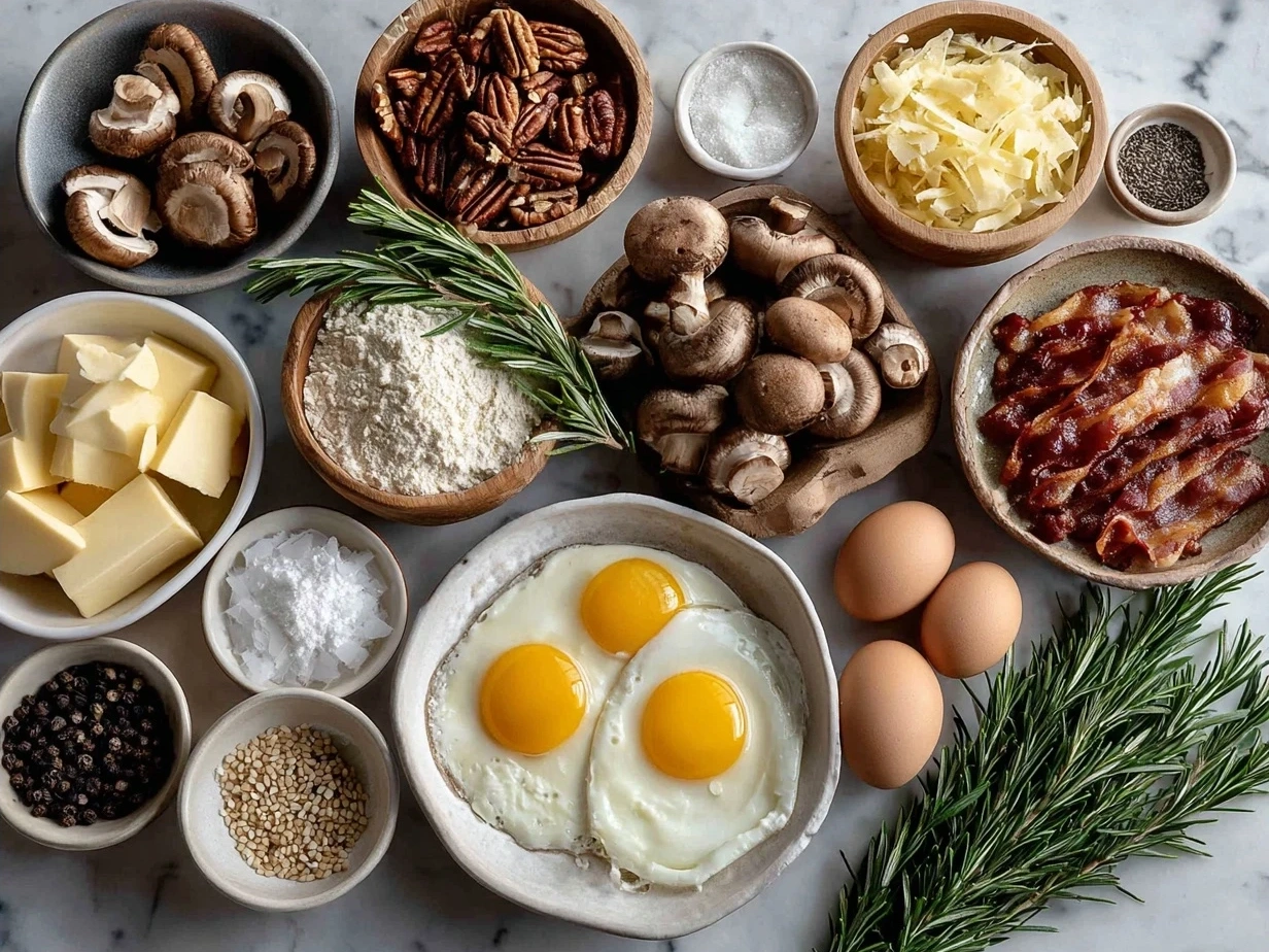 Ingredients for Christmas Breakfast Casserole: sausage, eggs, bread cubes, cheese, onions, and peppers