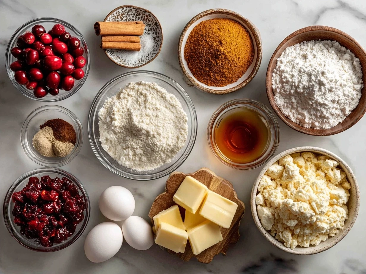 Ingredients for Christmas Cranberry Orange Cookies including flour, sugar, butter, dried cranberries, and fresh oranges