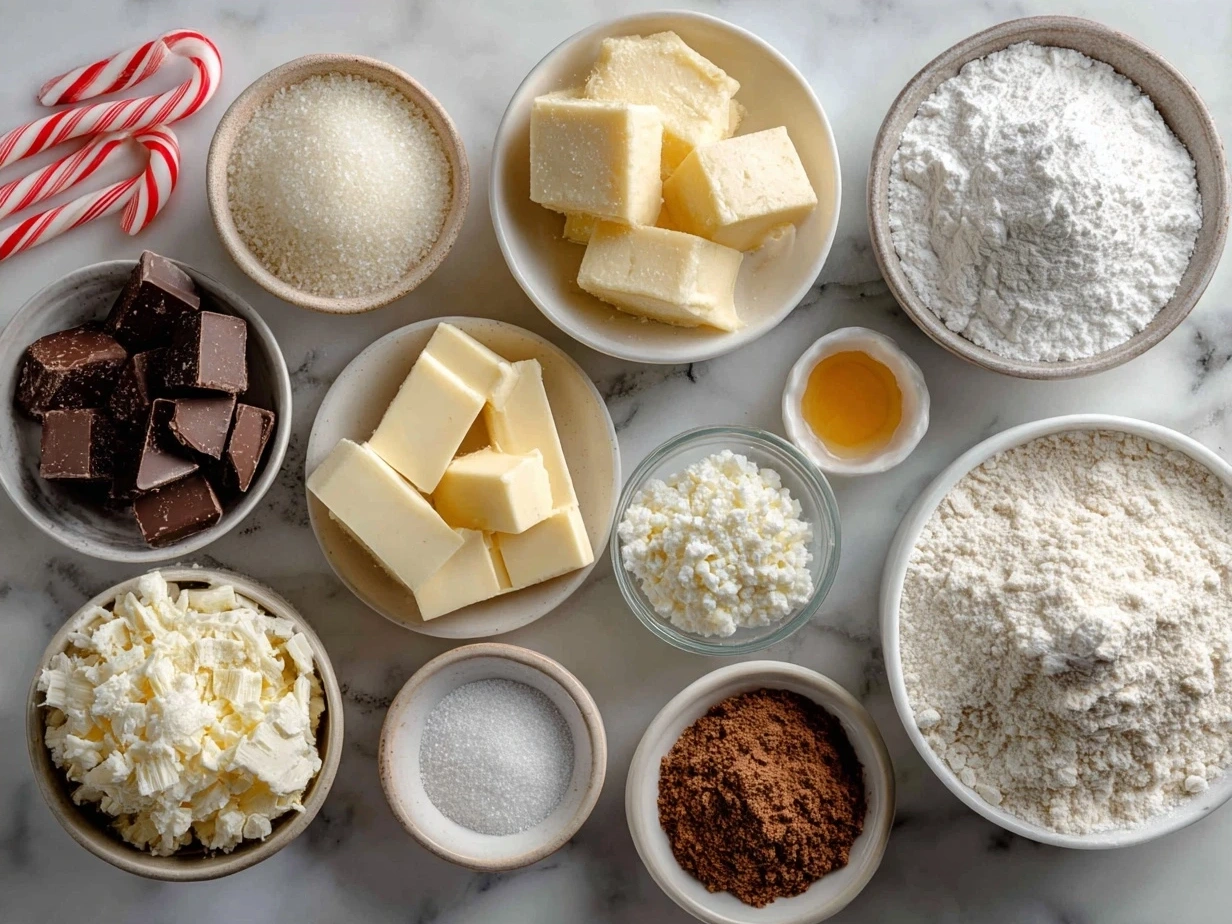 Ingredients for making Christmas Pinwheel Cookies including flour, butter, sugar, eggs, and red gel food coloring