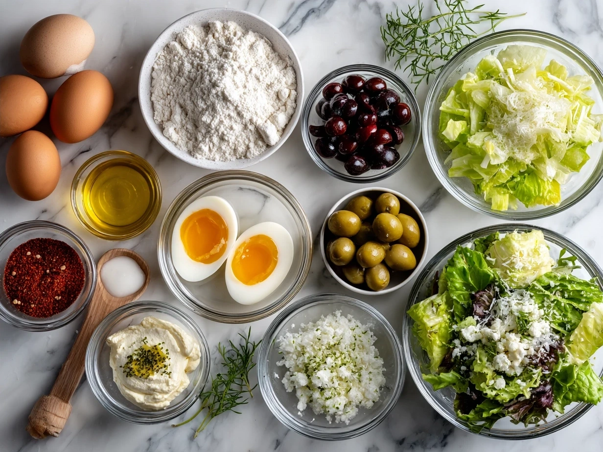Ingredients for Christmas Salad with Honey Mustard Dressing laid out on a kitchen counter.