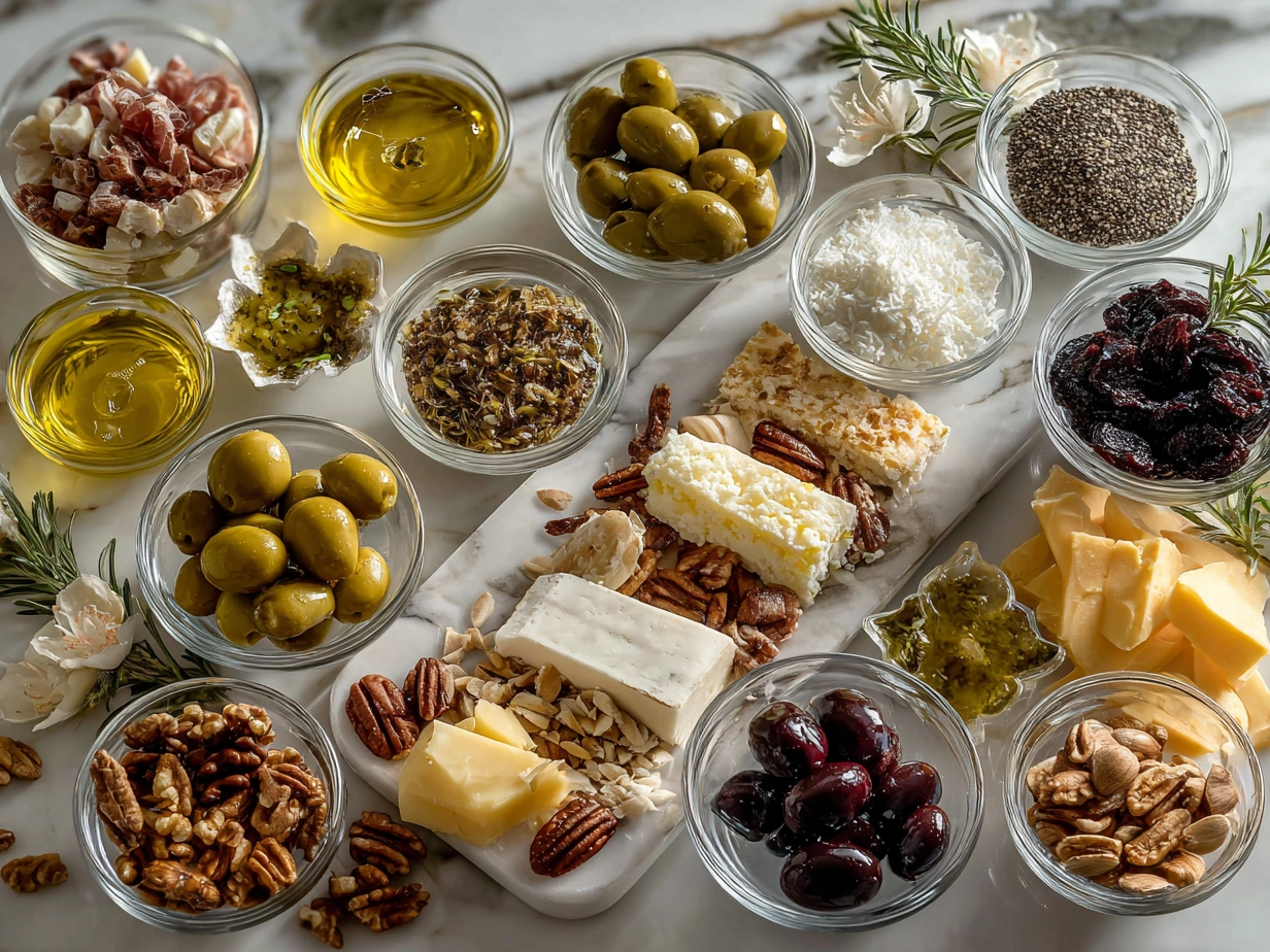 Ingredients for Christmas Tree Charcuterie Board laid out including cheeses, meats, olives, fruits, crackers, and rosemary sprigs.