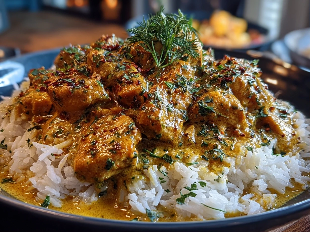 Close up of finished slow cooker chicken korma with creamy sauce and fresh cilantro garnish