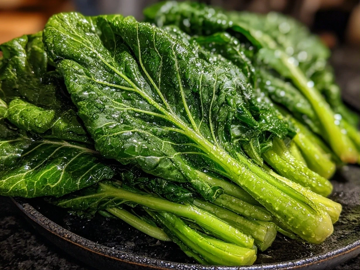 Close-up of finished Southern turnip greens recipe in a rustic bowl with ham hock